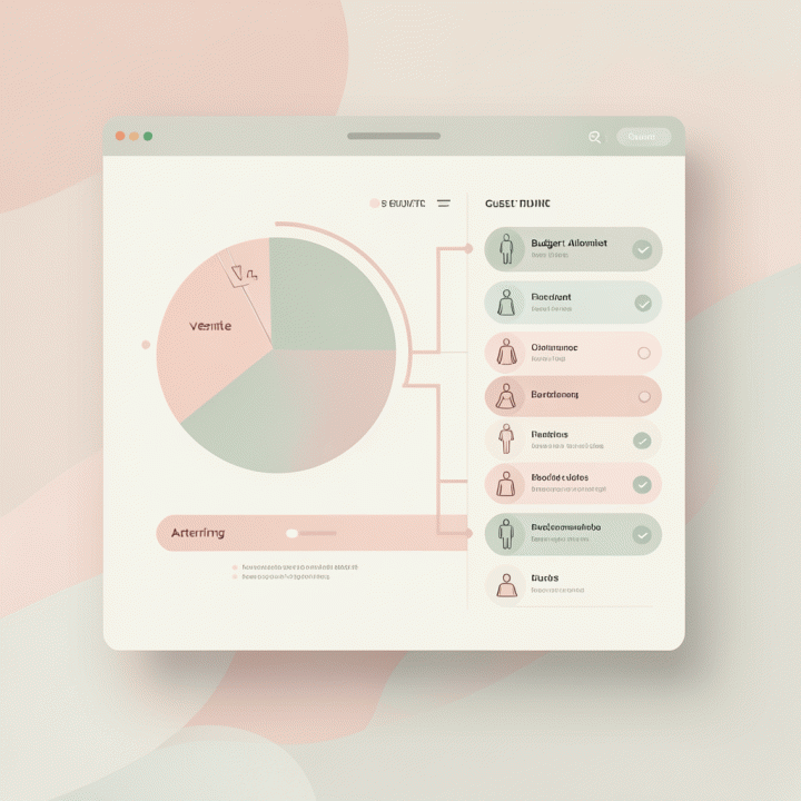 Visualisasi abstrak dan elegan dari dashboard manajemen data pernikahan yang bersih, menunjukkan alokasi anggaran dan kategori tamu yang terorganisir.