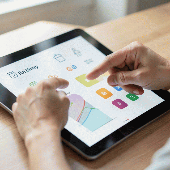 Tangan yang sedang berinteraksi dengan dashboard digital yang abstrak, menunjukkan pelacakan anggaran pernikahan yang terstruktur dan mudah dikontrol.