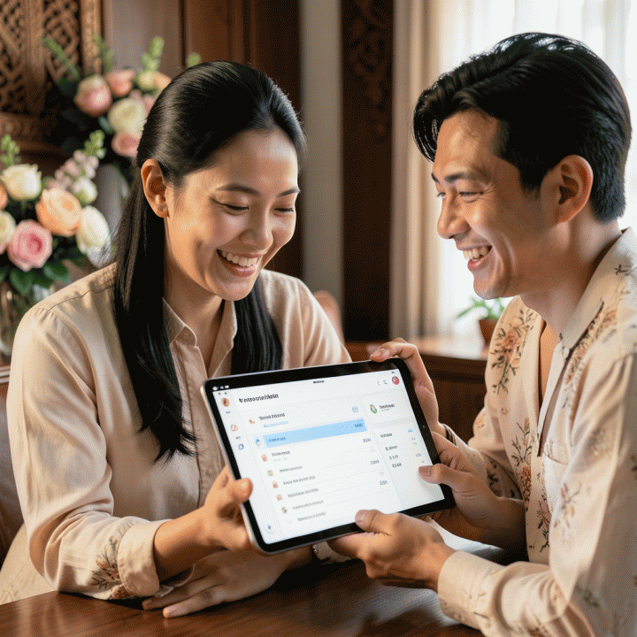 Sepasang calon pengantin Indonesia yang bahagia melihat dashboard perencanaan pernikahan digital yang terorganisir, melambangkan manajemen anggaran dan data tamu yang rapi.
