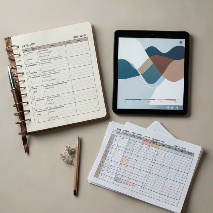 Flat lay foto alat perencanaan pernikahan yang terorganisir, termasuk buku catatan, tablet dengan grafik progres, dan daftar tamu yang rapi.