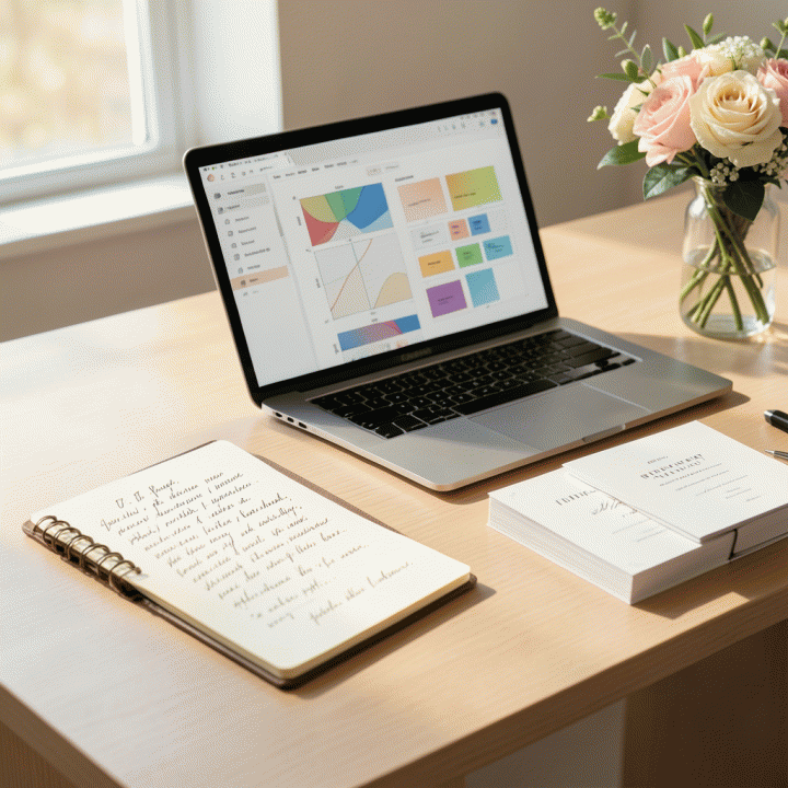 Meja persiapan pernikahan yang terorganisir dan elegan, menampilkan notebook, laptop dengan diagram perencanaan abstrak, dan bunga, menunjukkan proses perencanaan yang rapi dan bebas stres.