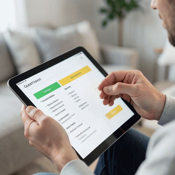 Tangan yang sedang meninjau daftar tamu pernikahan yang terorganisir di tablet, menunjukkan status konfirmasi secara visual.