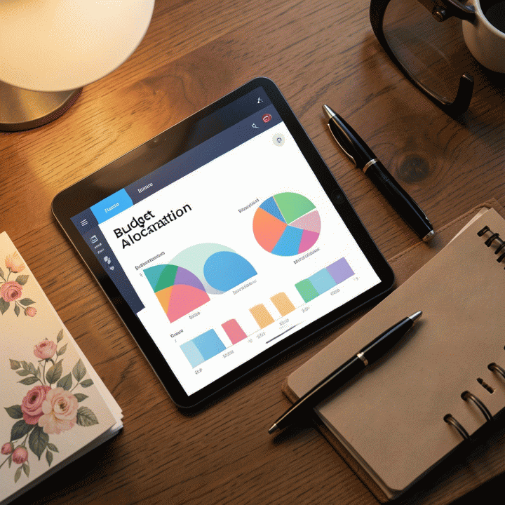 Meja kerja yang rapi dengan tablet menampilkan dashboard alokasi anggaran pernikahan yang abstrak, menunjukkan perencanaan keuangan yang terorganisir.