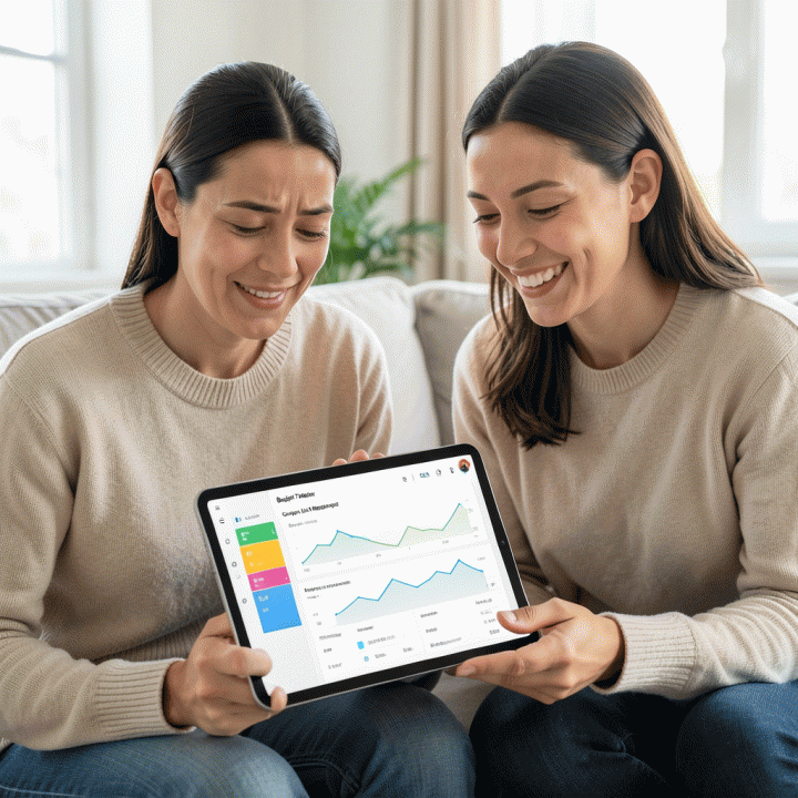 Pasangan pengantin muda yang tampak tenang dan terorganisir sedang meninjau dashboard perencanaan pernikahan digital yang bersih dan minimalis di tablet, menunjukkan pengelolaan anggaran dan data tamu yang rapi.