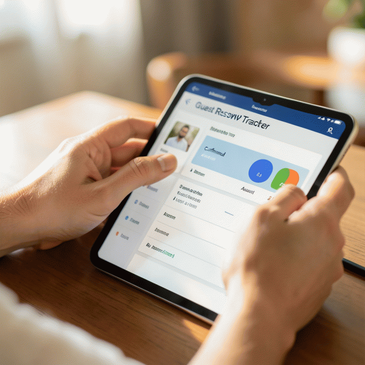 Close-up tangan yang menggunakan tablet untuk melacak data RSVP dan daftar tamu pernikahan secara digital dan terorganisir.