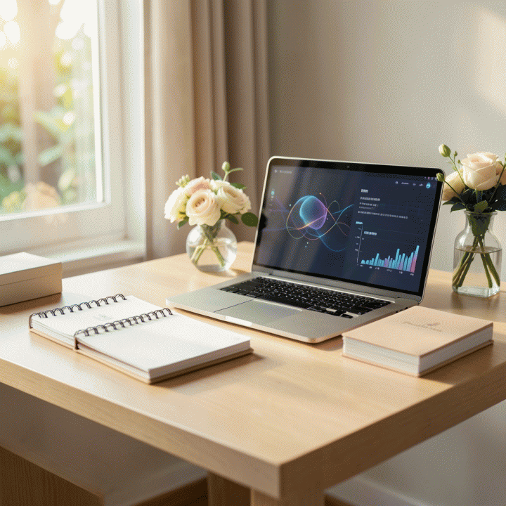Meja perencanaan pernikahan yang rapi dan terorganisir, menampilkan planner, laptop dengan visualisasi data abstrak, dan dekorasi bunga, melambangkan manajemen acara yang tenang dan terstruktur.