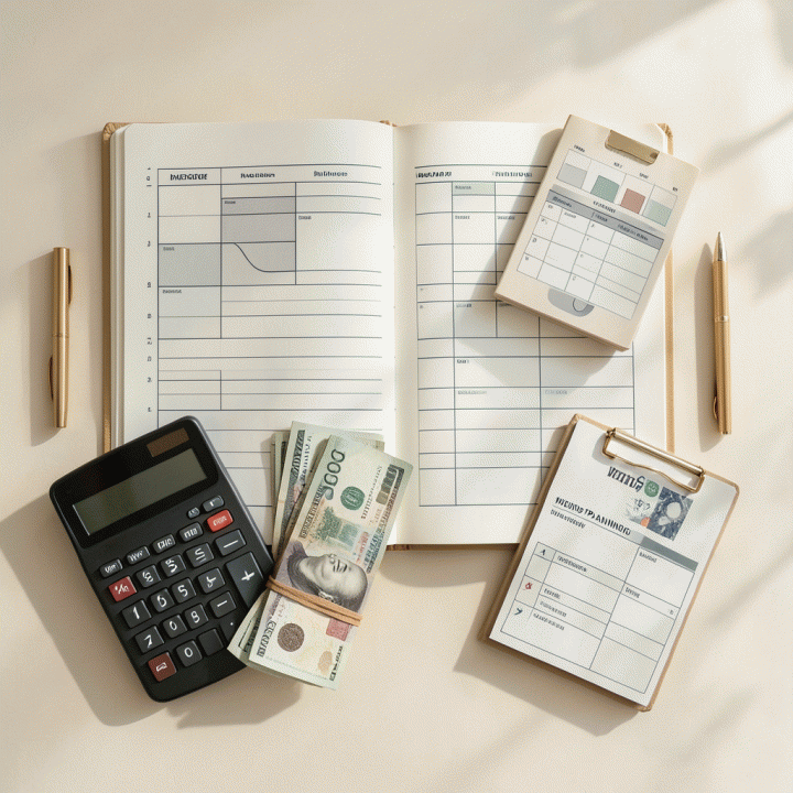 Tampilan atas (flat lay) alat perencanaan anggaran pernikahan yang rapi, termasuk ledger dan checklist, melambangkan kontrol keuangan yang terstruktur.