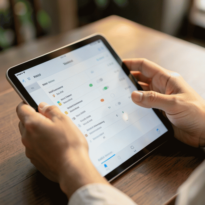 Pasangan sedang meninjau daftar tamu pernikahan yang terorganisir di tablet, menunjukkan proses manajemen RSVP yang mudah.