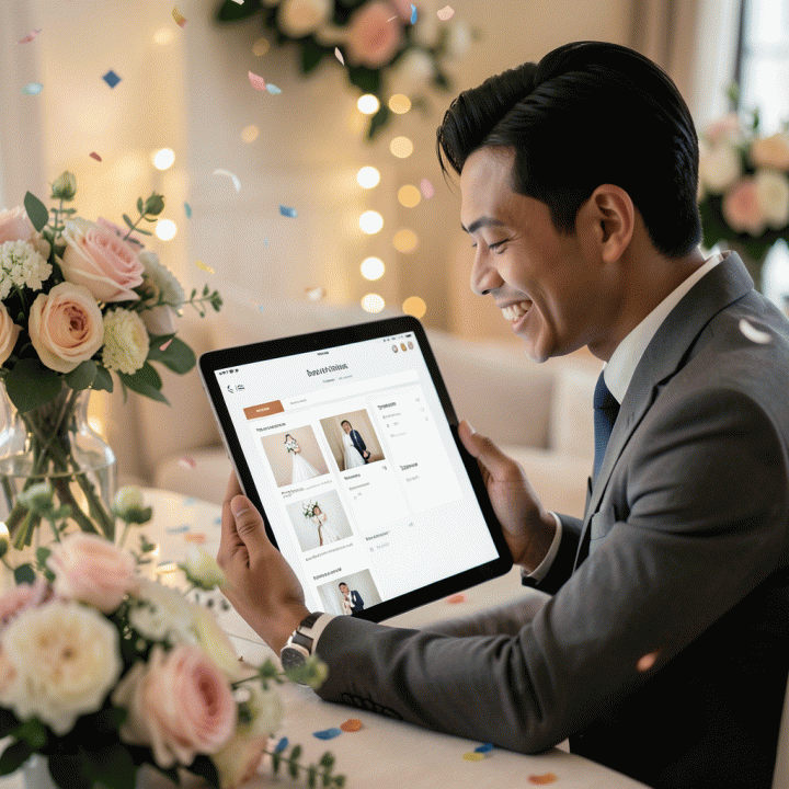 Sepasang pengantin muda Indonesia yang bahagia melihat antarmuka perencanaan pernikahan digital di tablet, melambangkan persiapan acara yang terorganisir dan anti-stres.