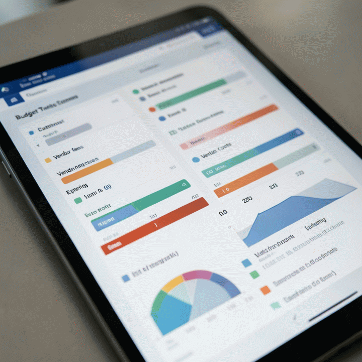 Visualisasi dashboard anggaran pernikahan yang terorganisir dan mudah dilacak di tablet, menunjukkan kontrol keuangan persiapan acara.
