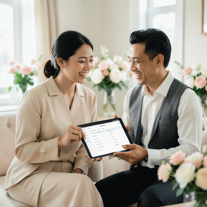 Pasangan pengantin Indonesia yang bahagia dan tenang sedang meninjau rencana pernikahan yang terorganisir dengan baik pada tablet, melambangkan perencanaan pernikahan anti-stres.