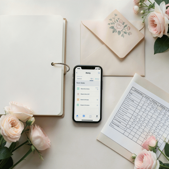 Tampilan datar (flat lay) dari perlengkapan perencanaan pernikahan yang terorganisir, termasuk buku catatan, tablet RSVP, dan anggaran yang rapi, menunjukkan persiapan yang matang.