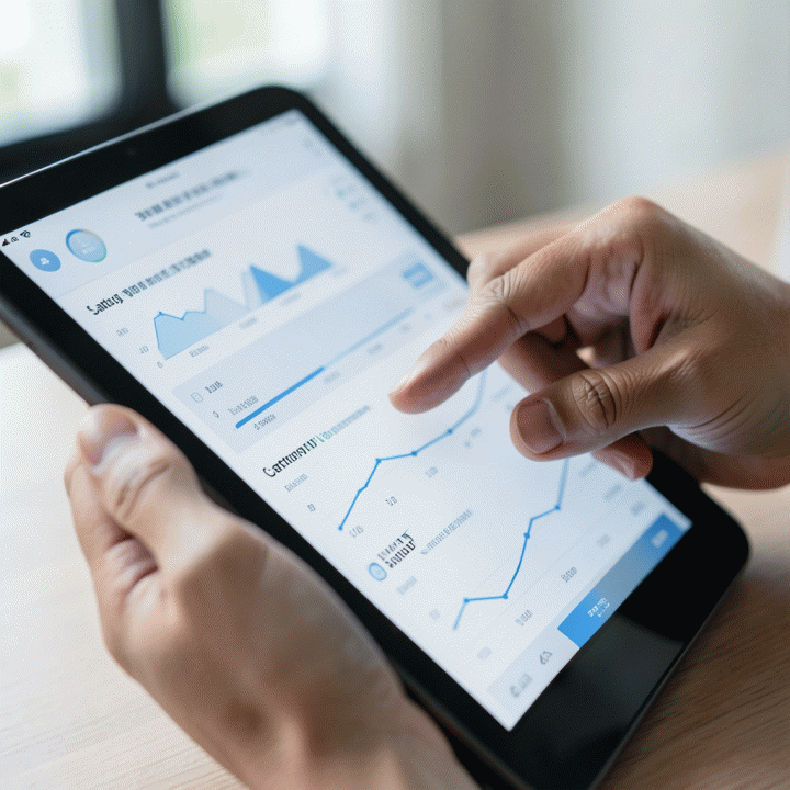 Tangan seseorang sedang menganalisis dashboard data penjualan e-commerce pada tablet, menunjukkan optimasi bisnis.