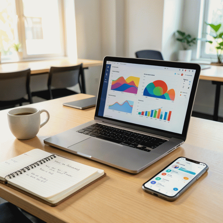 Tampilan meja kerja modern dengan laptop yang menampilkan visualisasi data analitik e-commerce yang kompleks dan profesional, melambangkan optimasi bisnis Shopee.