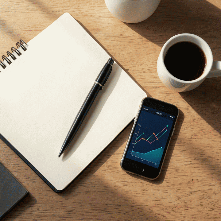 Tampilan atas (flat lay) dari peralatan kerja yang rapi, melambangkan perencanaan strategis bisnis dan analisis data.