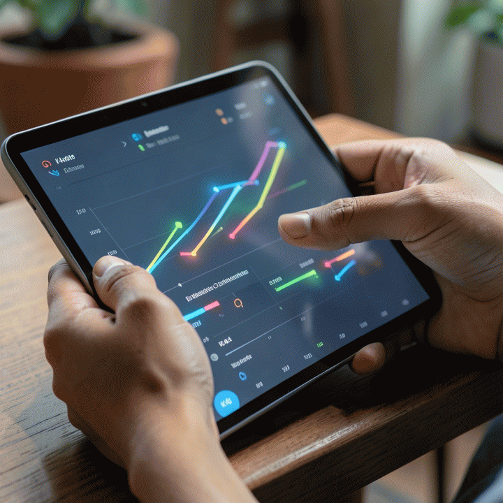 Tangan seorang penjual berinteraksi dengan dashboard analitik di tablet, menunjukkan tren kenaikan penjualan dan data optimasi bisnis.