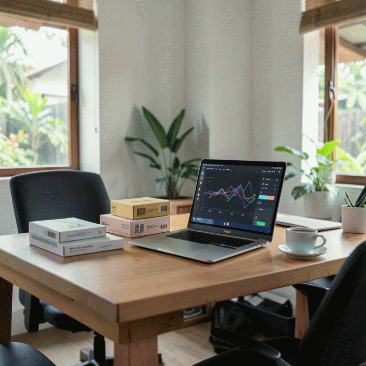 Meja kerja e-commerce yang rapi dan terorganisir, menunjukkan suasana bisnis yang sudah teroptimasi dan sukses.
