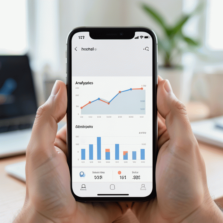 Tangan seseorang memegang smartphone yang menampilkan dashboard analitik e-commerce yang sederhana dan mudah dipahami, menunjukkan kemudahan analisis data bagi UMKM.