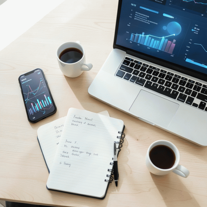 Tata letak flat lay yang menunjukkan alat-alat kerja (smartphone, laptop, buku catatan) yang digunakan untuk menganalisis dan merencanakan strategi bisnis e-commerce.