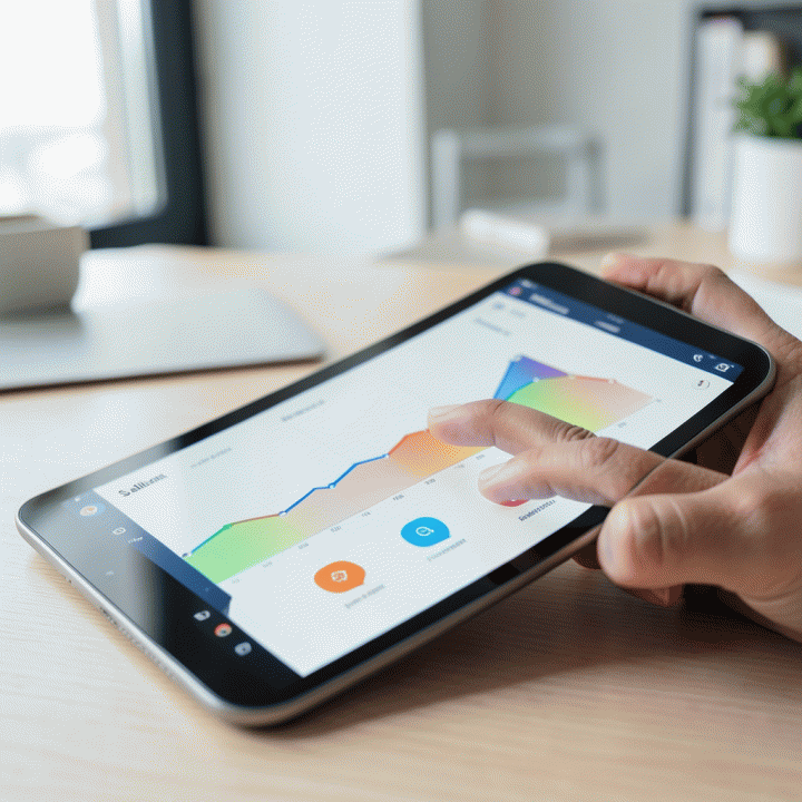 Tangan yang sedang menganalisis dashboard analitik e-commerce pada tablet.