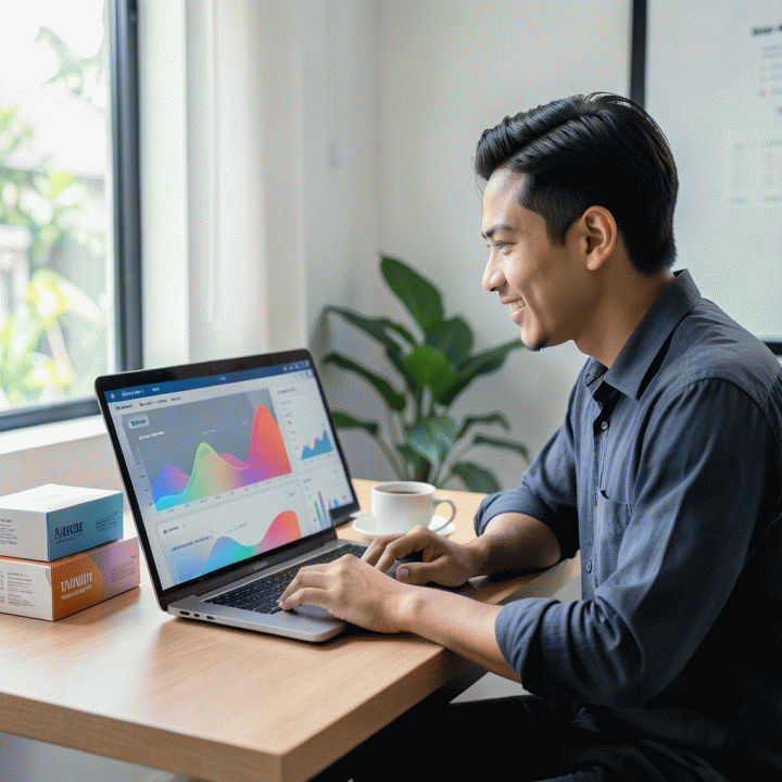 Seorang pengusaha muda Indonesia yang sedang menganalisis data penjualan e-commerce di laptop, menunjukkan optimasi bisnis.