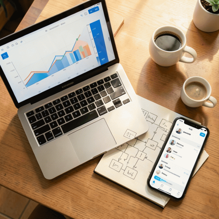 Komposisi meja kerja yang menunjukkan perencanaan dan strategi bisnis e-commerce.