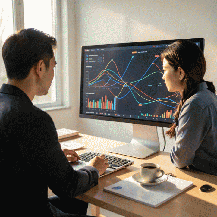 Seorang pengusaha Indonesia menganalisis data penjualan e-commerce yang kompleks dan berwarna di layar monitor modern, menunjukkan strategi bisnis yang terencana.