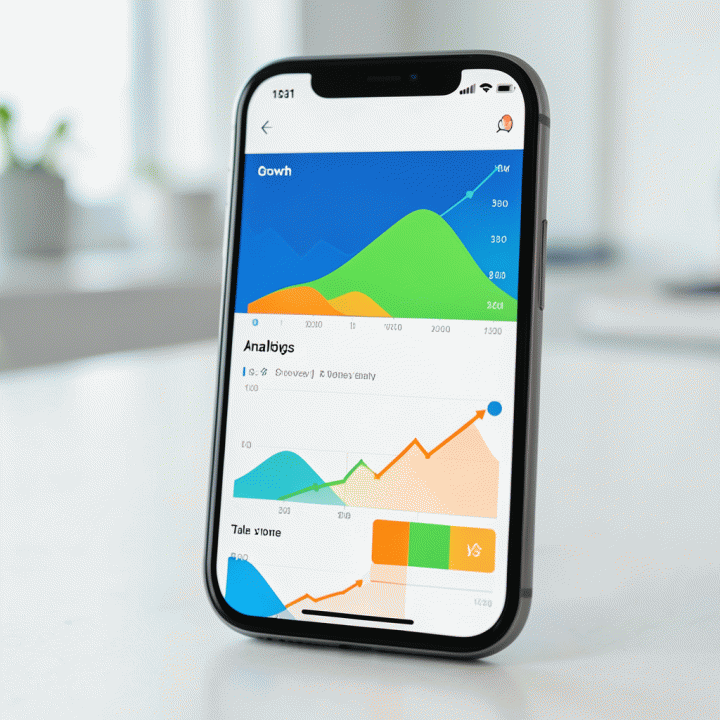 Tampilan abstrak dashboard analitik e-commerce di smartphone, menunjukkan tren penjualan dan data pasar.