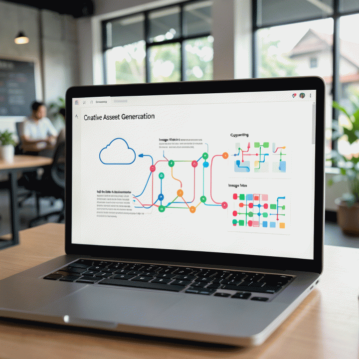 Visualisasi dashboard AI yang menunjukkan alur kerja otomatis pembuatan aset kreatif iklan, fokus pada proses dan konektivitas data tanpa teks yang terbaca.