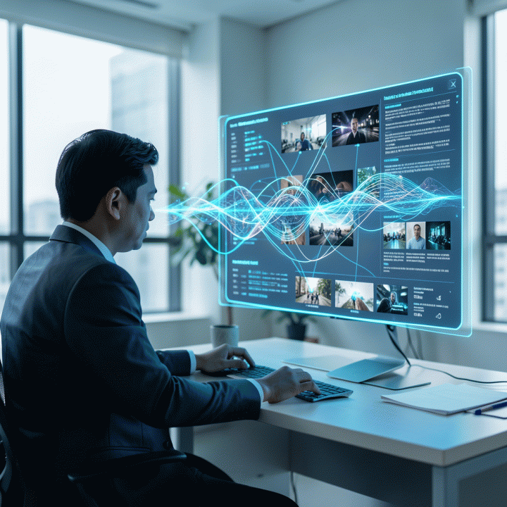 Seorang pemasar digital profesional di ruang kerja modern sedang mengotomatisasi pembuatan aset iklan masif menggunakan antarmuka holografik AI yang canggih, menunjukkan efisiensi dan alur kerja yang terintegrasi.