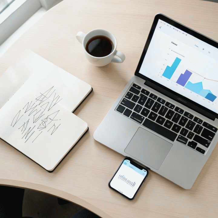 Tampilan meja kerja yang rapi dan modern, menunjukkan alat-alat digital dan fisik yang mendukung otomatisasi dan peningkatan efisiensi konten marketing.