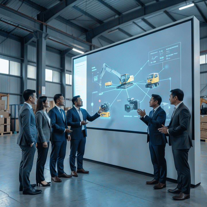 Manajer bisnis di gudang modern berinteraksi dengan visualisasi data digital real-time yang menunjukkan pelacakan aset rental IoT yang efisien.