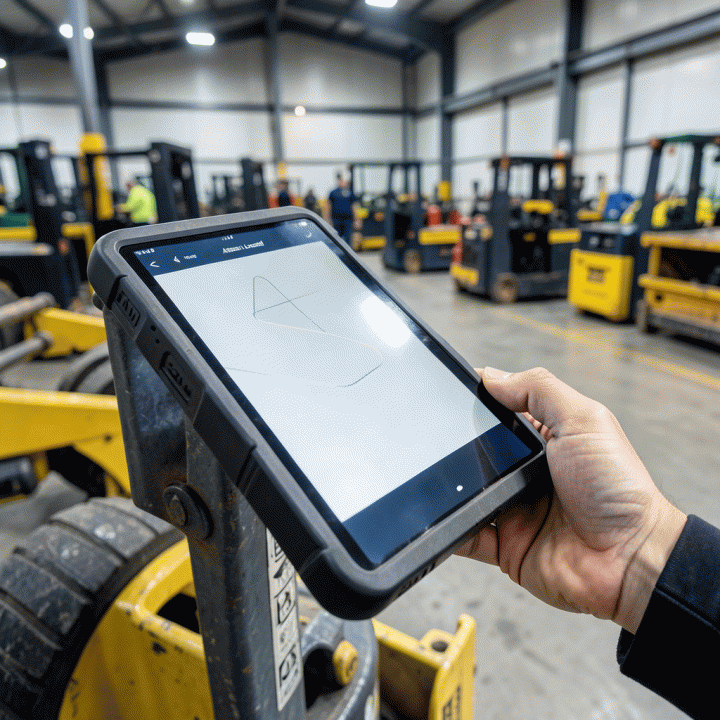Manajer menggunakan tablet untuk memindai aset rental di lapangan, menunjukkan proses pelacakan real-time.