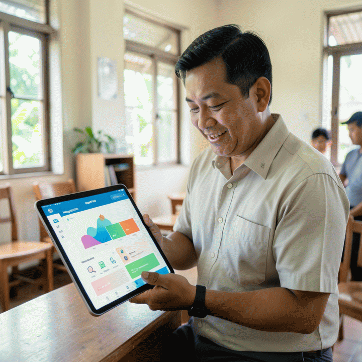 Pengurus RT/RW Indonesia menggunakan tablet modern di balai pertemuan untuk memverifikasi data warga melalui dashboard digital yang abstrak, melambangkan manajemen data sosial yang akurat.