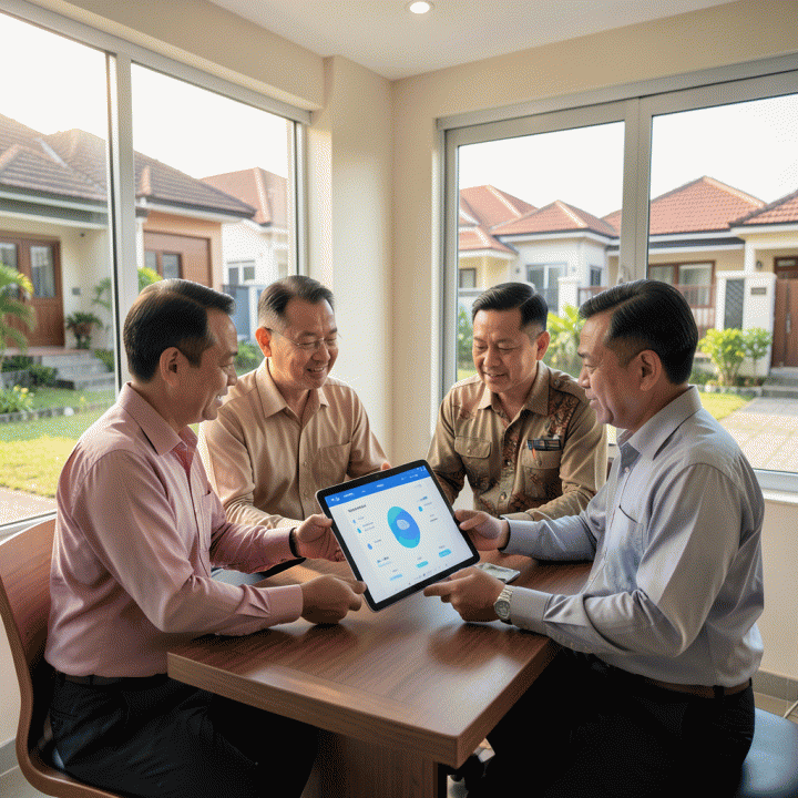Pengurus RT/RW komunitas perumahan modern Indonesia berkolaborasi menggunakan tablet digital untuk mengelola data kependudukan, menunjukkan proses administrasi yang efisien dan terdigitalisasi.