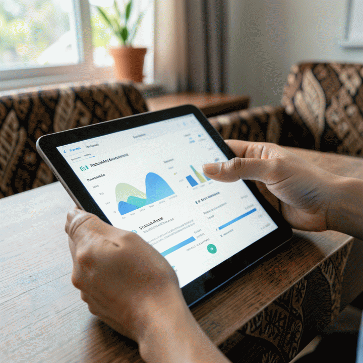 Tangan pengurus komunitas sedang memperbarui data kependudukan di tablet, menunjukkan antarmuka digital yang bersih dan intuitif.