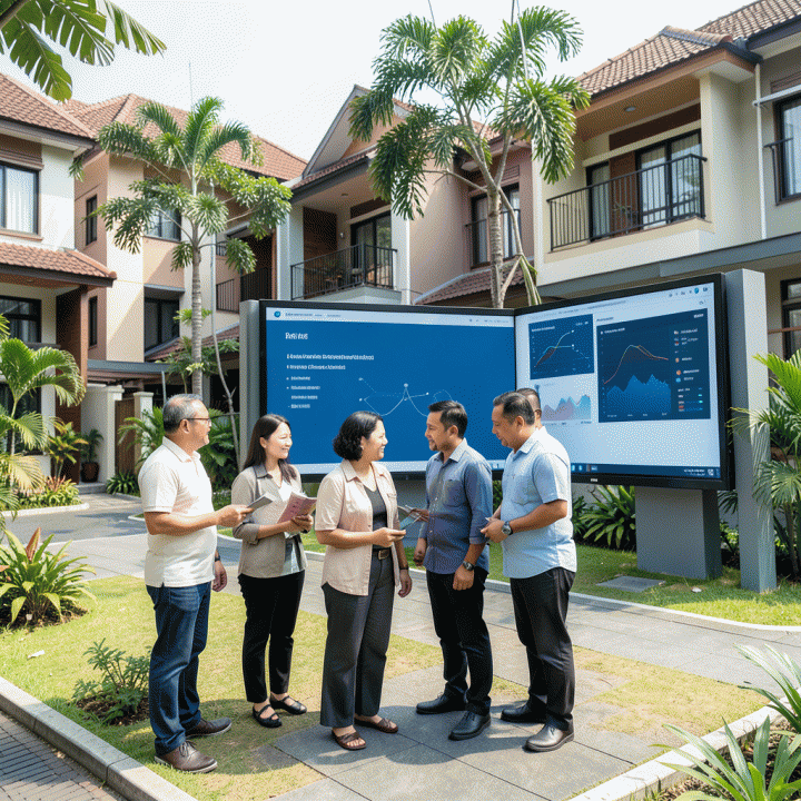 Pengurus komunitas sedang meninjau data dan laporan administrasi lingkungan di pusat komunal modern, menekankan transparansi dan manajemen data terpusat.