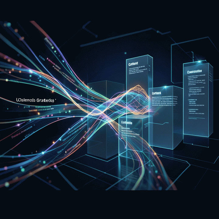 Visualisasi abstrak proses transformasi data menjadi strategi konten yang terstruktur menggunakan kecerdasan buatan.