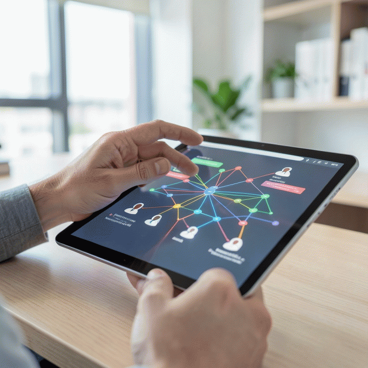 Tangan berinteraksi dengan antarmuka digital yang menampilkan diagram persona pelanggan yang terstruktur dan alur kerja.