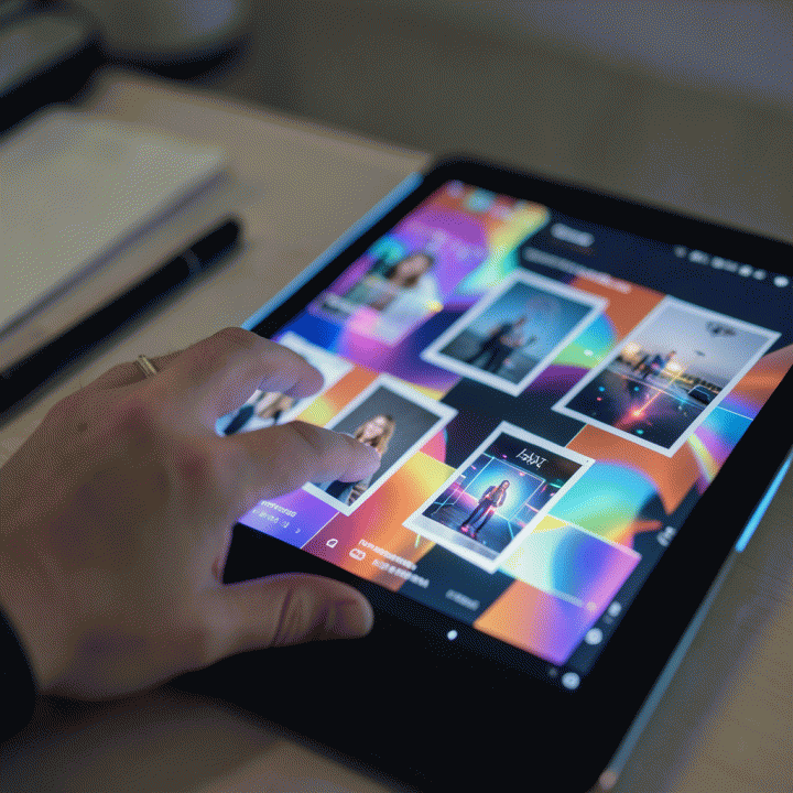 Tangan yang berinteraksi dengan tablet yang menampilkan aset visual AI yang kompleks dan berwarna-warni, menekankan kemudahan dan kekuatan kreasi digital.