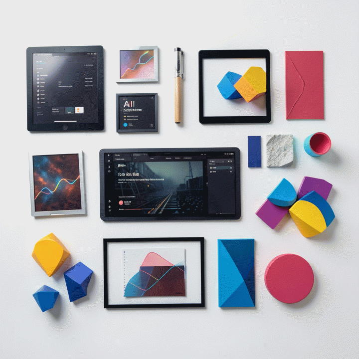 Tata letak datar (flat lay) dari berbagai aset digital dan alat desain abstrak yang siap digunakan, menunjukkan hasil AI yang profesional dan beragam.