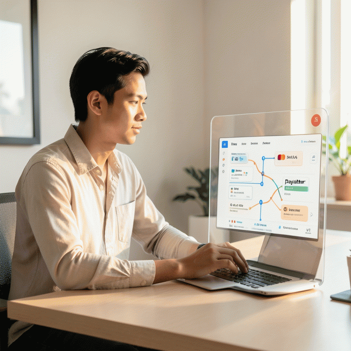 Seorang profesional muda Indonesia yang sedang meninjau dashboard keuangan digital yang menunjukkan proses pengelolaan dan prioritas pelunasan utang secara sistematis.