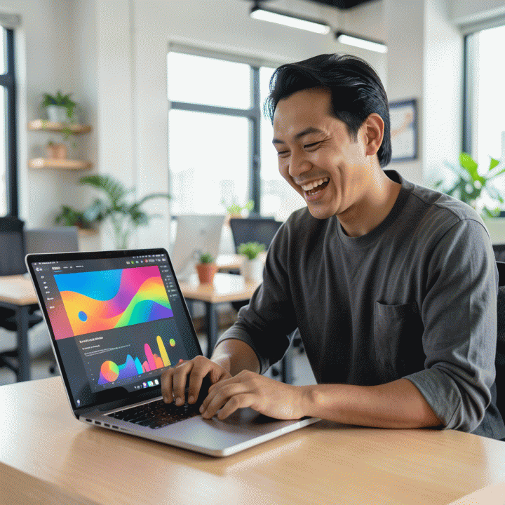 Seorang pelaku UMKM Indonesia yang antusias menggunakan laptop modern untuk menghasilkan konten iklan digital visual yang profesional dan menarik menggunakan bantuan AI.