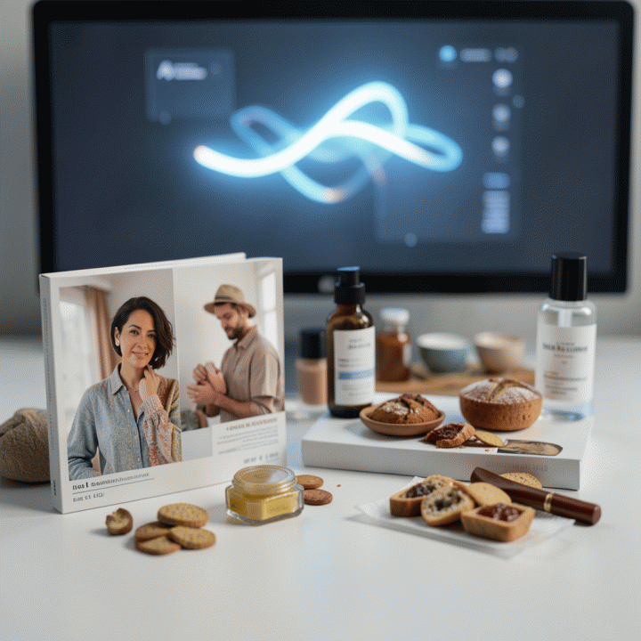 Berbagai macam foto produk berkualitas tinggi yang siap dijadikan konten iklan digital, menunjukkan hasil visualisasi yang profesional dari AI.