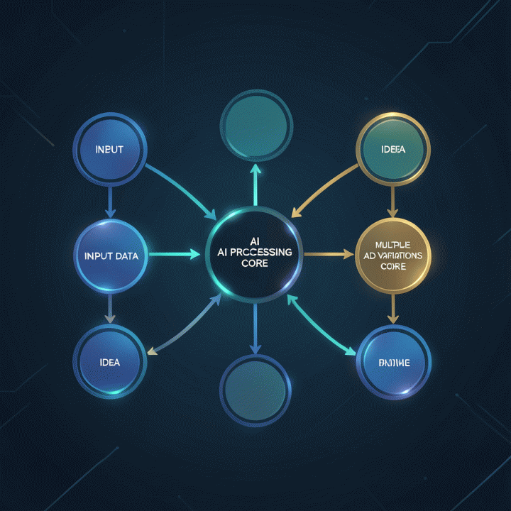 Diagram alir digital yang menggambarkan proses otomatis dan efisien pembuatan berbagai variasi konten iklan menggunakan kecerdasan buatan.