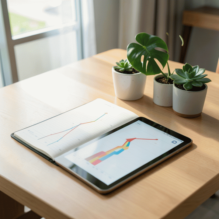 Meja kerja modern yang rapi dengan planner dan tablet digital yang menampilkan grafik pertumbuhan keuangan yang terstruktur, melambangkan perencanaan anggaran bulanan yang efektif.