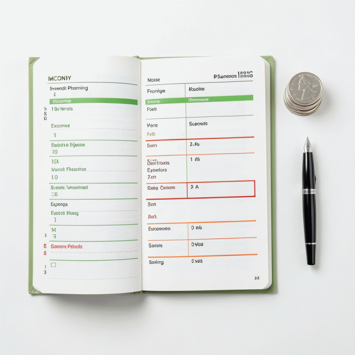 Tampilan flat lay buku catatan anggaran bulanan yang terstruktur, menunjukkan pembagian pendapatan, pengeluaran, dan tabungan yang rapi.