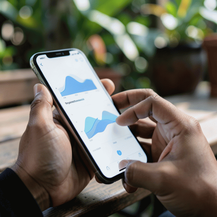 Tangan seseorang menggunakan aplikasi budgeting di smartphone untuk melacak pengeluaran, menunjukkan kemudahan pelacakan keuangan.