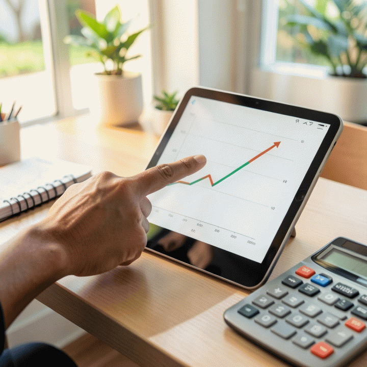 Tangan menunjuk grafik keuntungan dan biaya yang meningkat di layar tablet, menunjukkan proses analisis keuangan yang akurat.