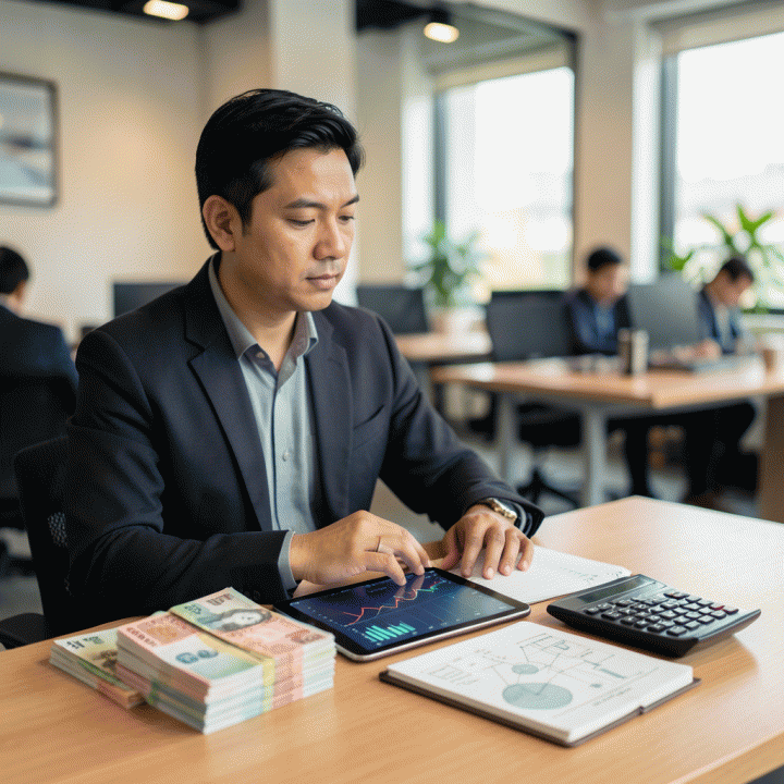 Seorang pemilik UMKM Indonesia sedang merencanakan strategi penetapan harga di atas meja kerja yang berisi uang tunai, tablet dengan grafik abstrak, dan buku catatan, melambangkan perencanaan bisnis yang matang.